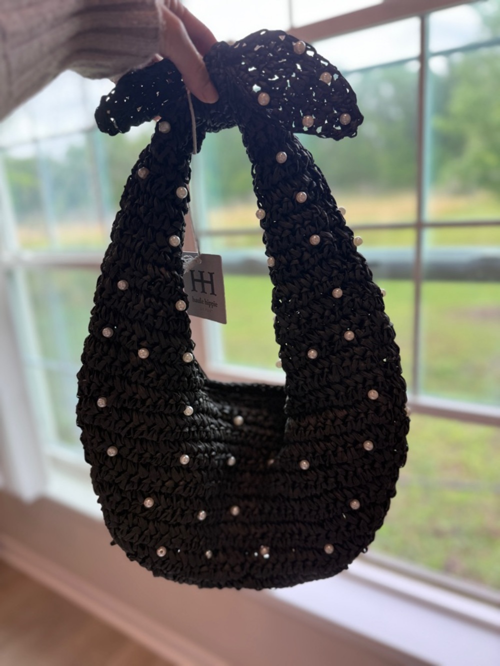 Haute Hippie Women’s Black Woven Straw Pearl Hobo Bag Handbag Bow NWT OS